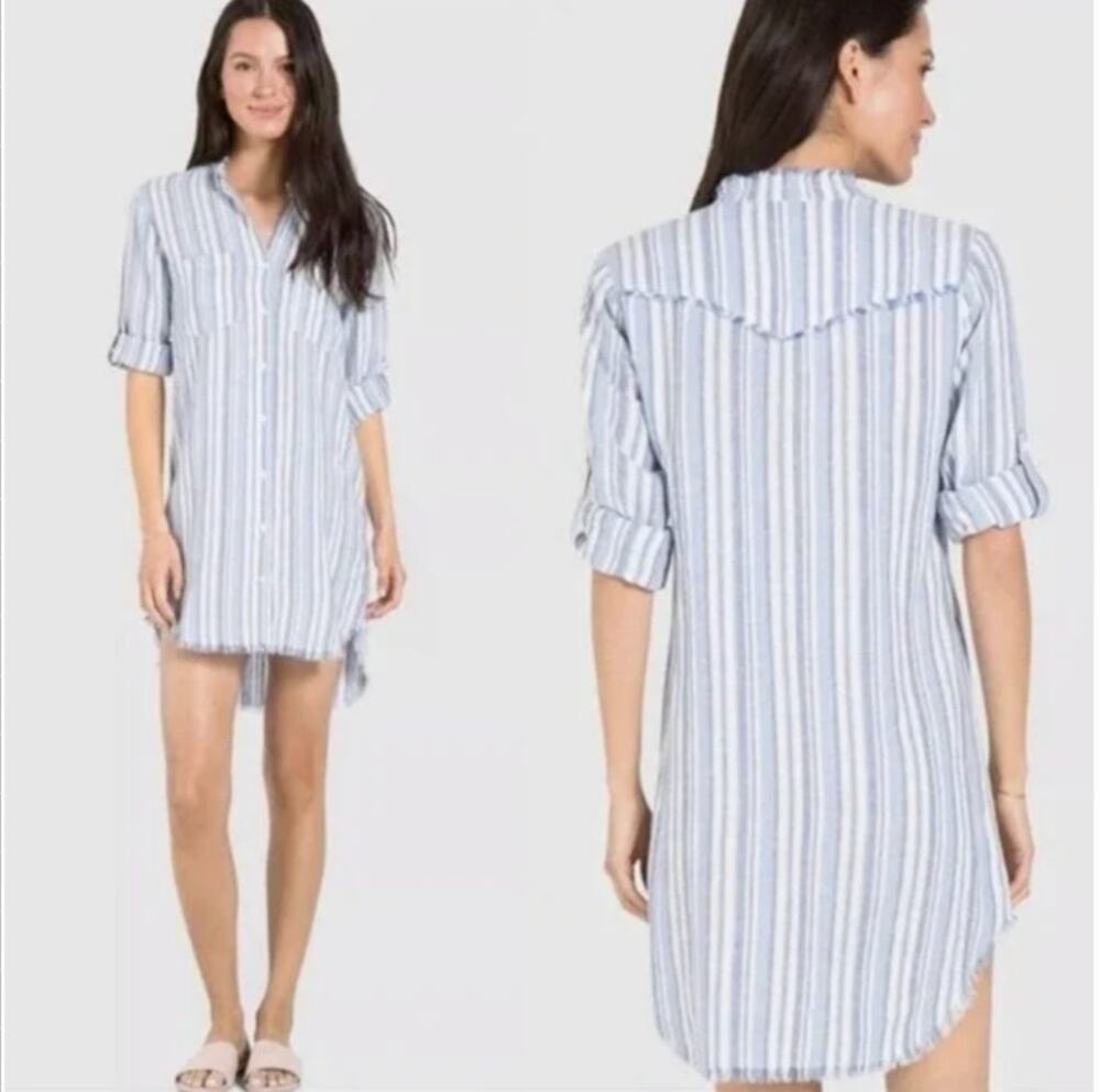 Cloth & Stone Blue White Stripe Linen-Blend Button-Up Long Sleeve Shirt Dress XS